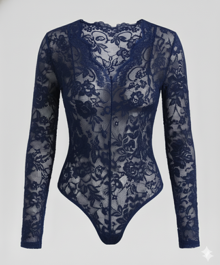 Women Lace Bodysuit Long Sleeve V-Neck