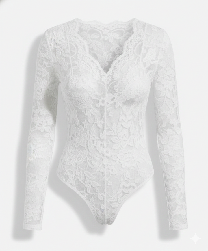 Women Lace Bodysuit Long Sleeve V-Neck