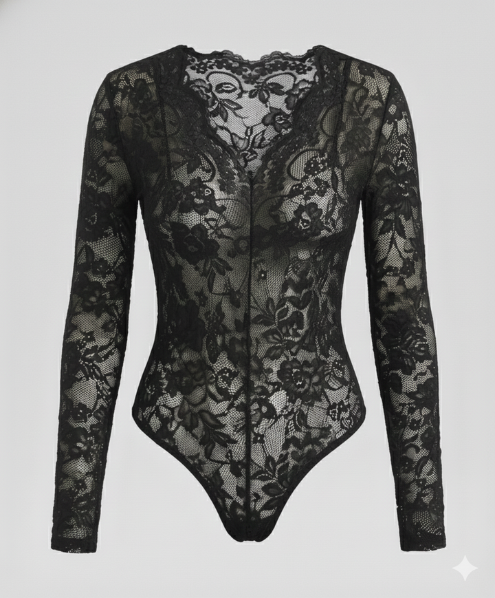 Women Lace Bodysuit Long Sleeve V-Neck
